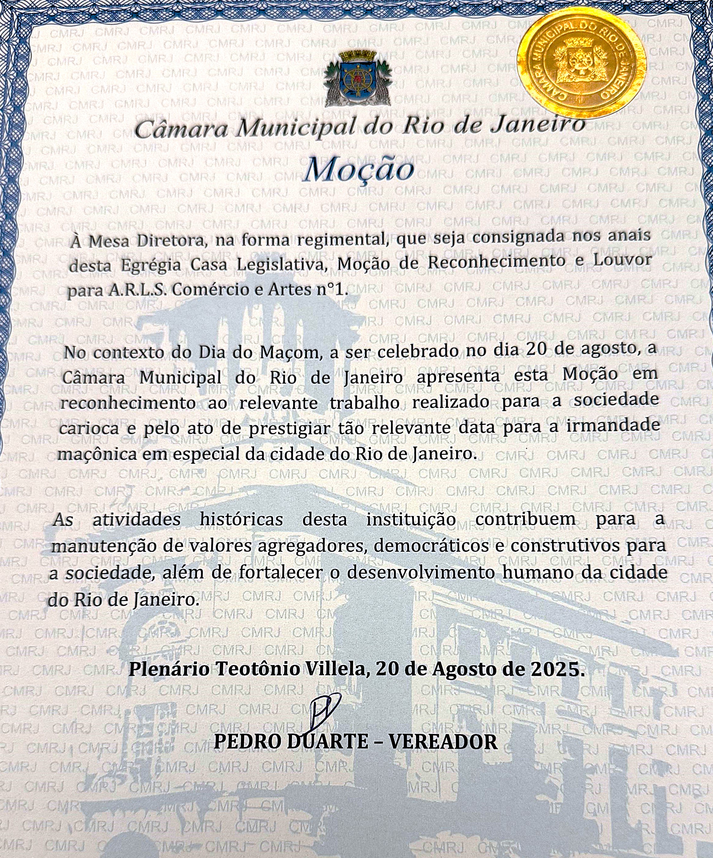 “Ir∴ Armandinho Pires recebe louvor no Dia do Maçom na Câmara Municipal do Rio de Janeiro”